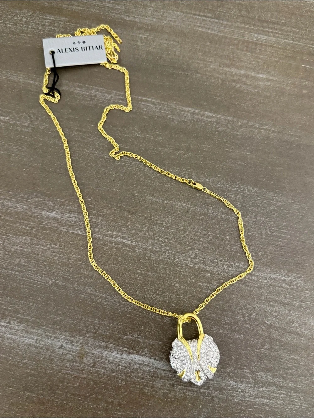 NWT Alexis Bittar Crystal Heart Pavé Padlock Pendant Necklace Gold Tone Chain
